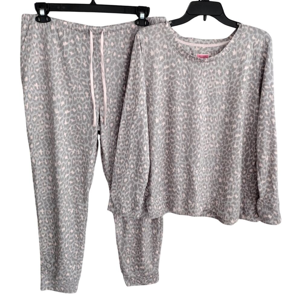 Kate Spade Gray & Light Pink Leopard Long-Slv Top w/Joggers Pajama Set 2X Plus